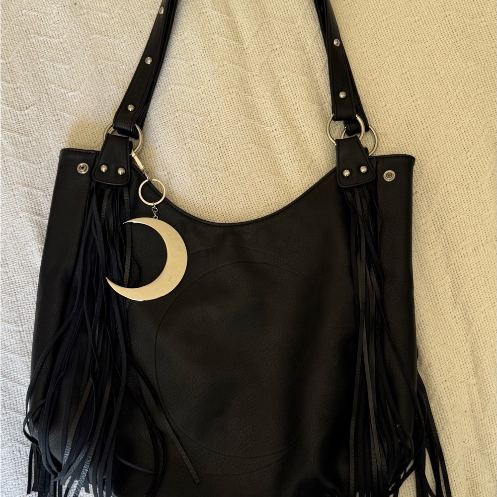 Black Fringe Tote Bag with Crescent Charm